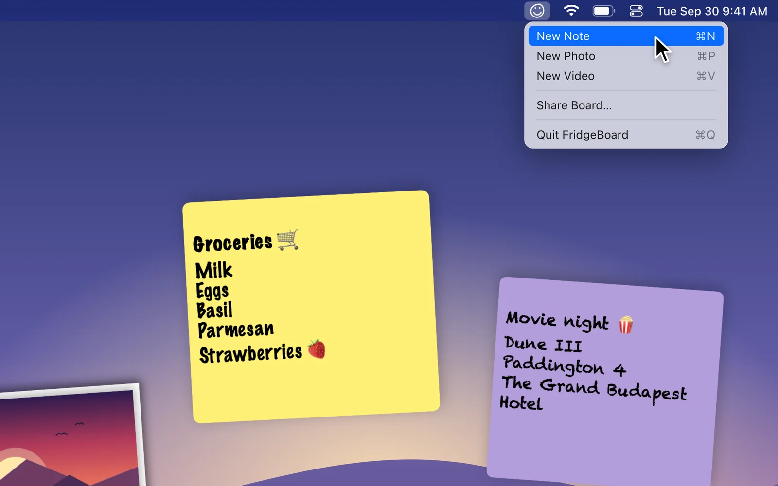 The FridgeBoard menu in the Mac menu bar
