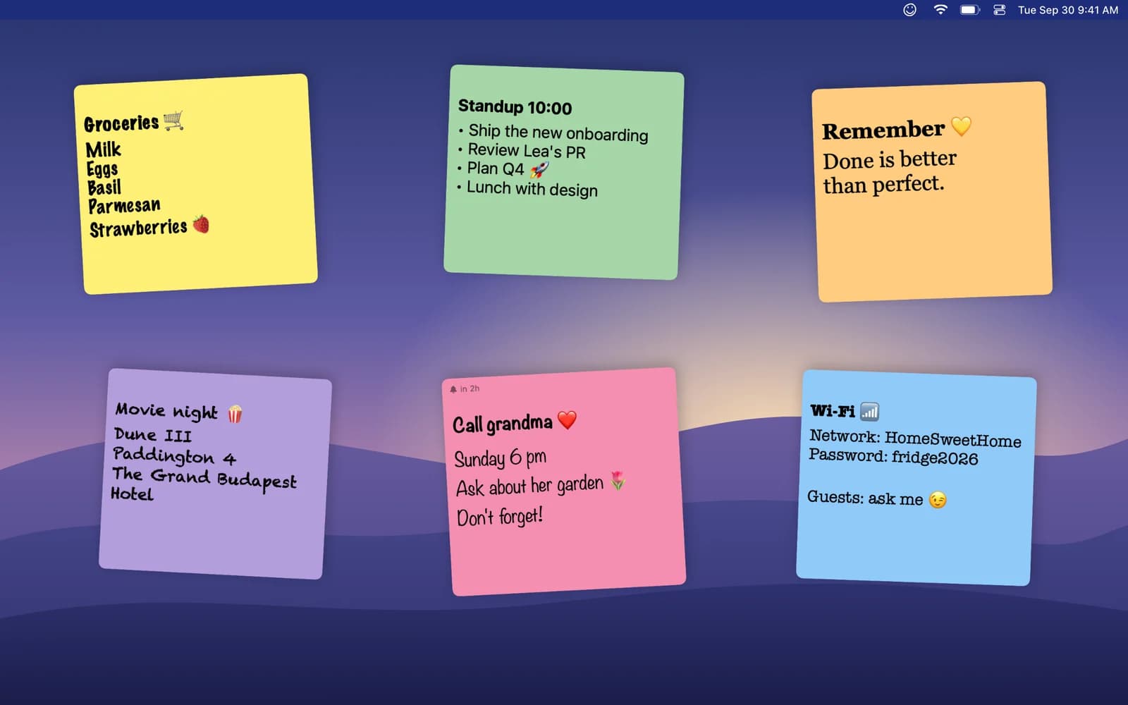 Colorful sticky notes in different fonts on a Mac desktop