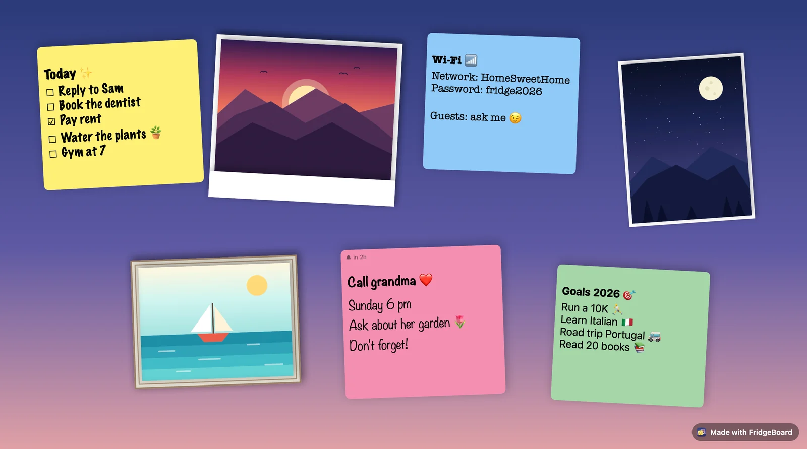 An exported FridgeBoard image with notes and photos and a small Made with FridgeBoard badge